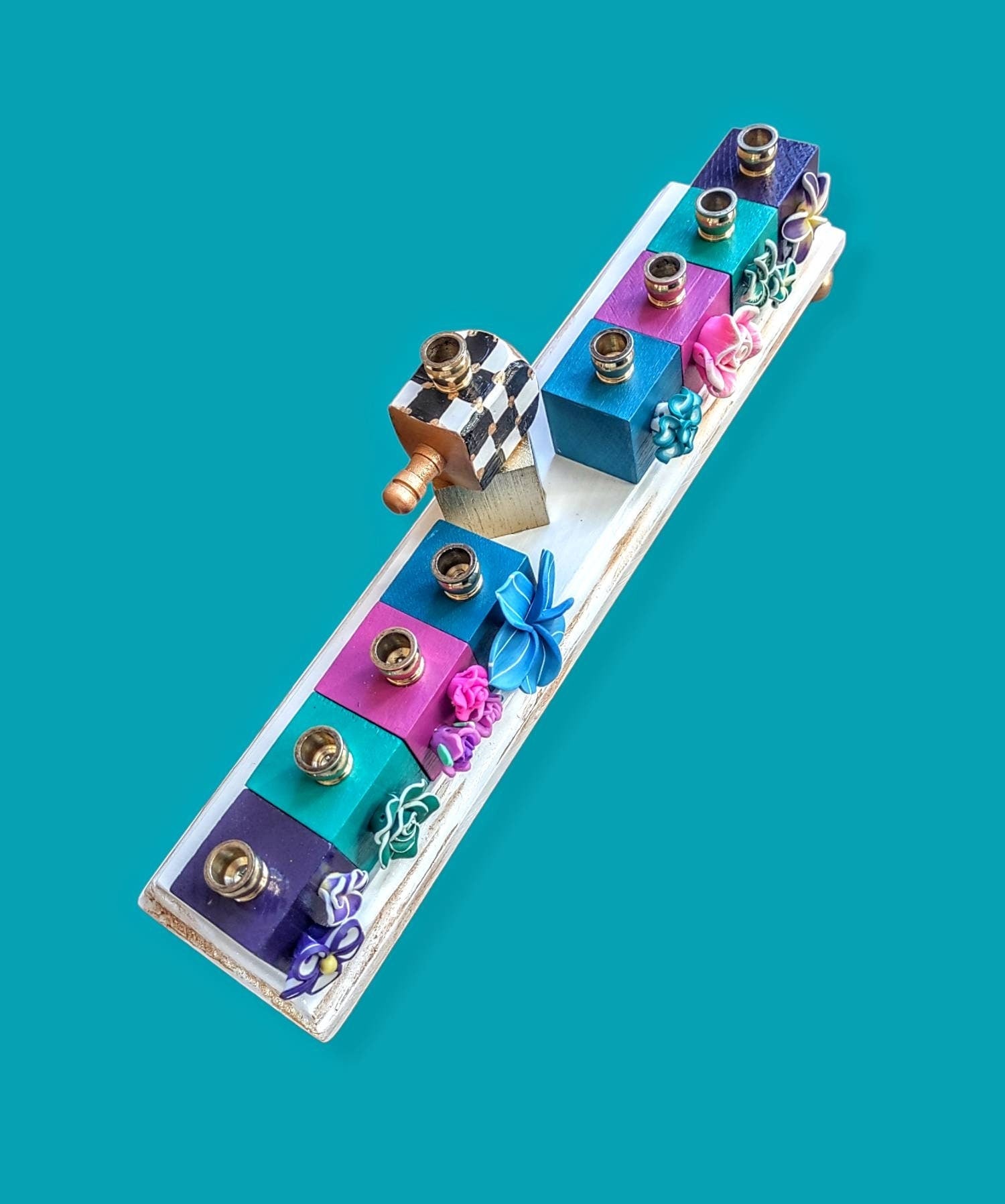 Tropical checkerboard menorah — painted flowers on jewel-colored blocks with brass cups | Judaica Square Lakewood (view 4)