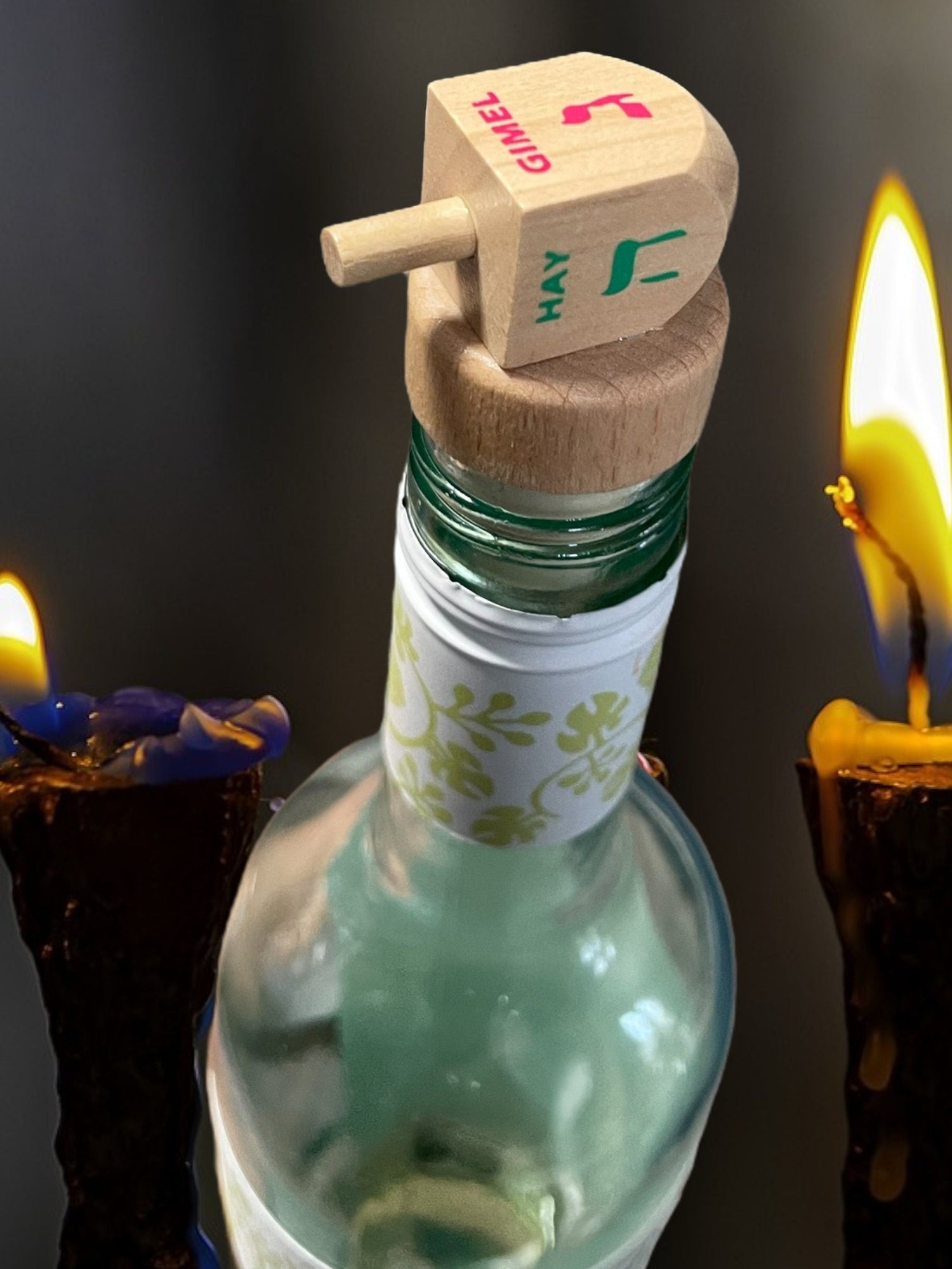 Dreidel Wine Stopper — wooden dreidel on a cork bottle stopper | Judaica Square Lakewood (view 4)