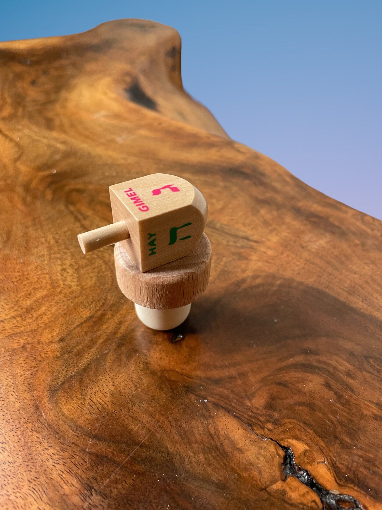 Dreidel Wine Stopper — wooden dreidel on a cork bottle stopper | Judaica Square Lakewood (view 3)