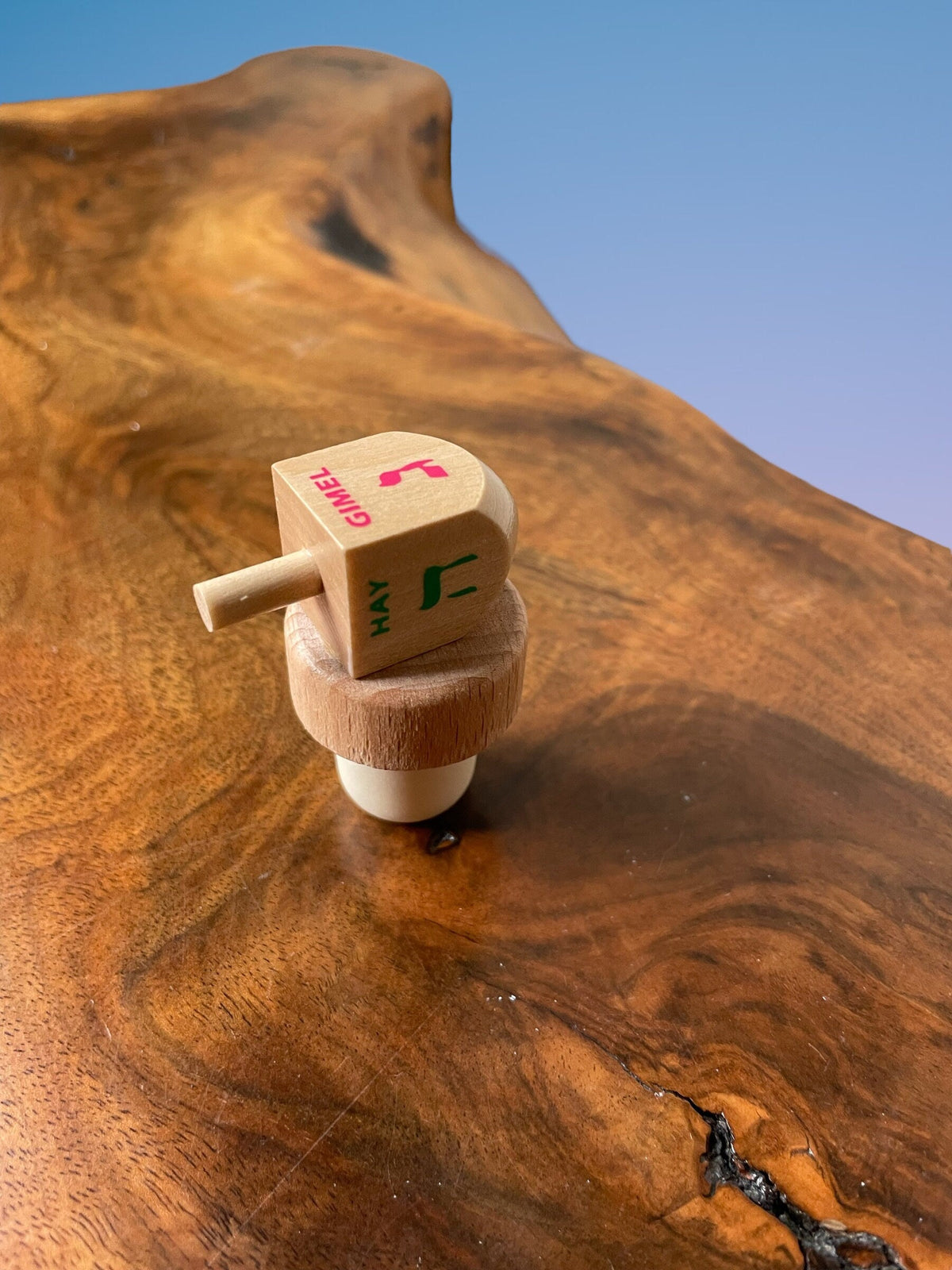 Dreidel Wine Stopper — wooden dreidel on a cork bottle stopper | Judaica Square Lakewood (view 3)