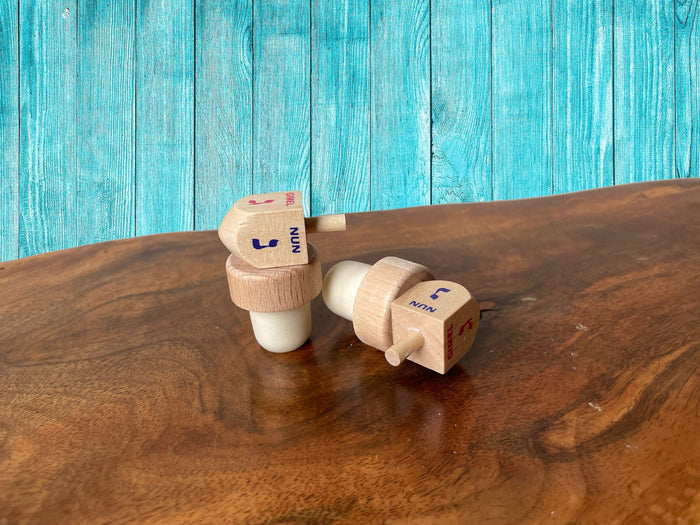 Dreidel Wine Stopper — wooden dreidel on a cork bottle stopper | Judaica Square Lakewood