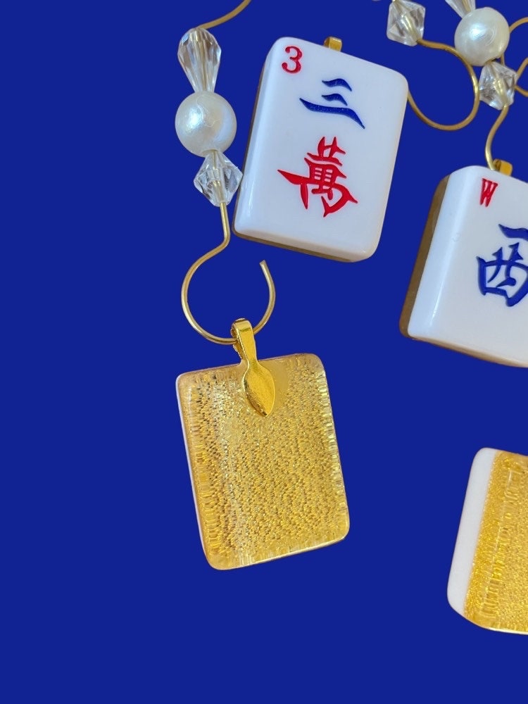 Vintage bamboo mahjong tile ornament on a metal hook with beads | Judaica Square Lakewood (view 3)