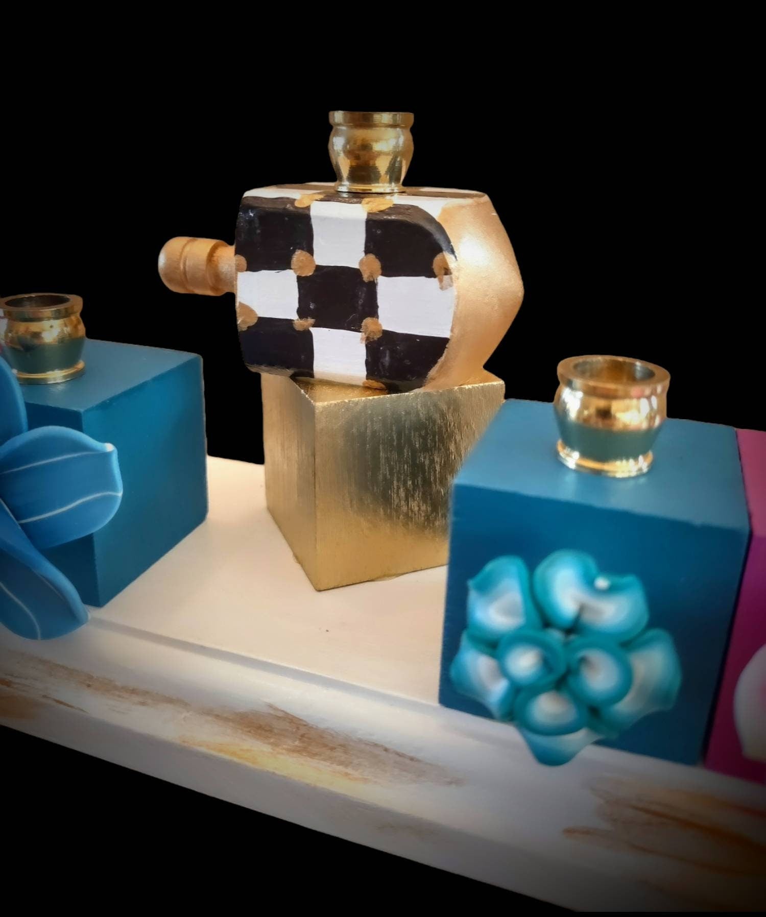 Tropical checkerboard menorah — painted flowers on jewel-colored blocks with brass cups | Judaica Square Lakewood (view 5)