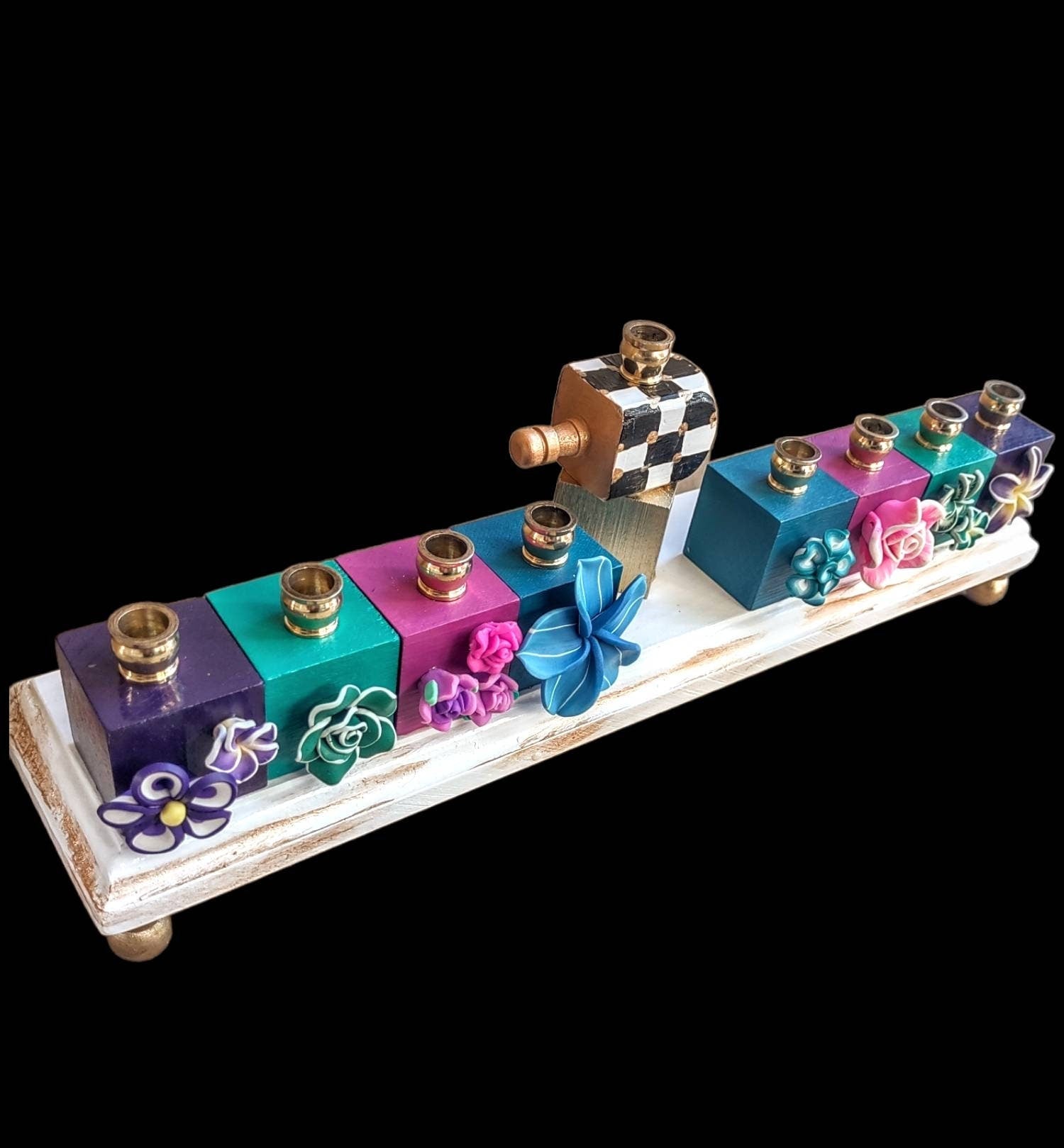 Tropical checkerboard menorah — painted flowers on jewel-colored blocks with brass cups | Judaica Square Lakewood (view 3)