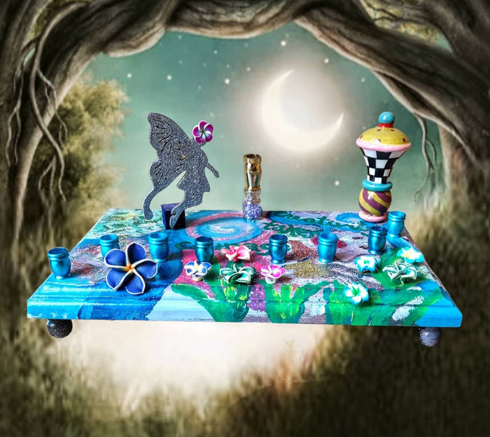 Inspirational Fairy Menorah — silver fairy, flowers and glitter on a plaque | Judaica Square Lakewood