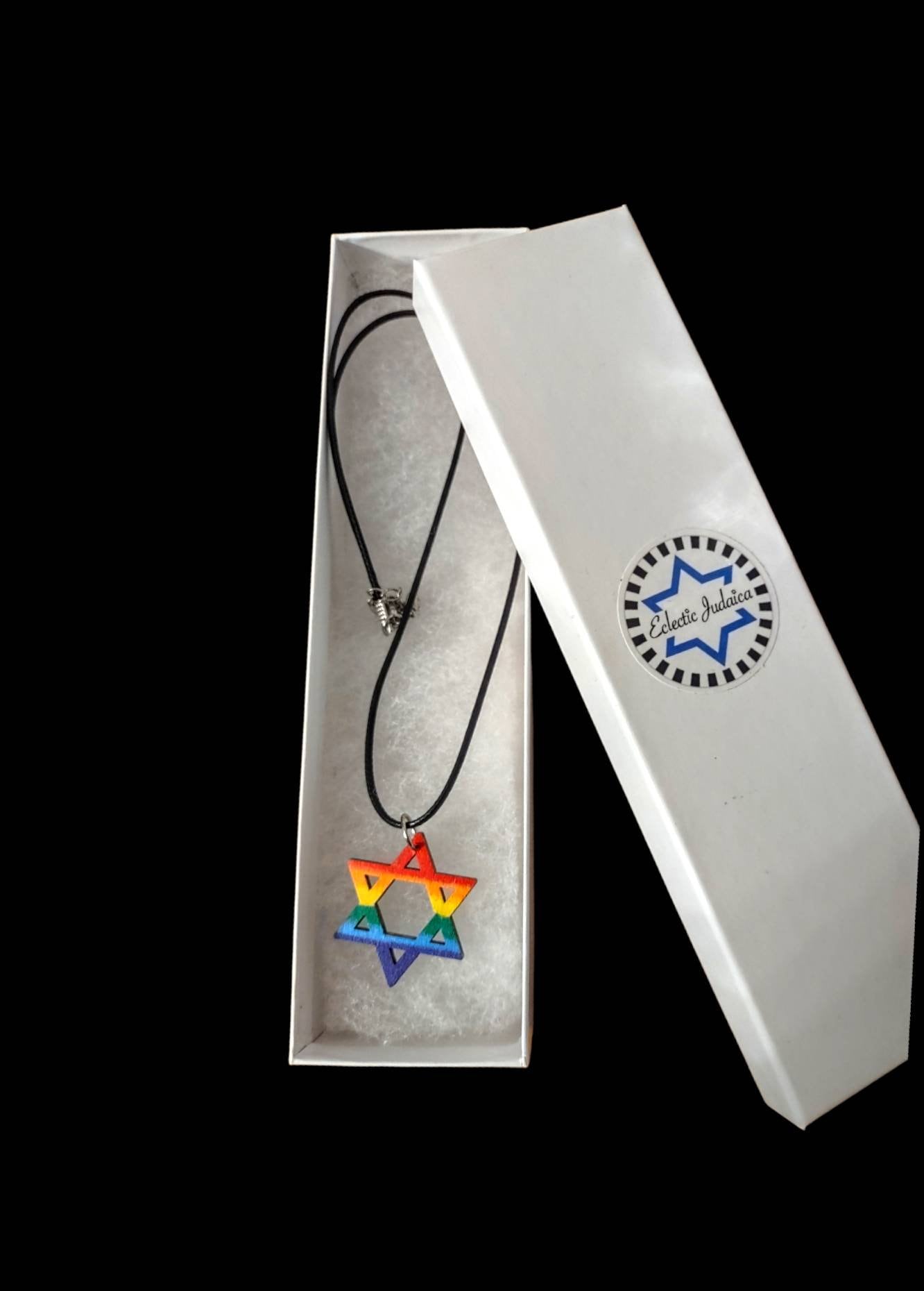 Rainbow painted wood necklace — hamsa and star pendants on rope | Judaica Square Lakewood (view 3)
