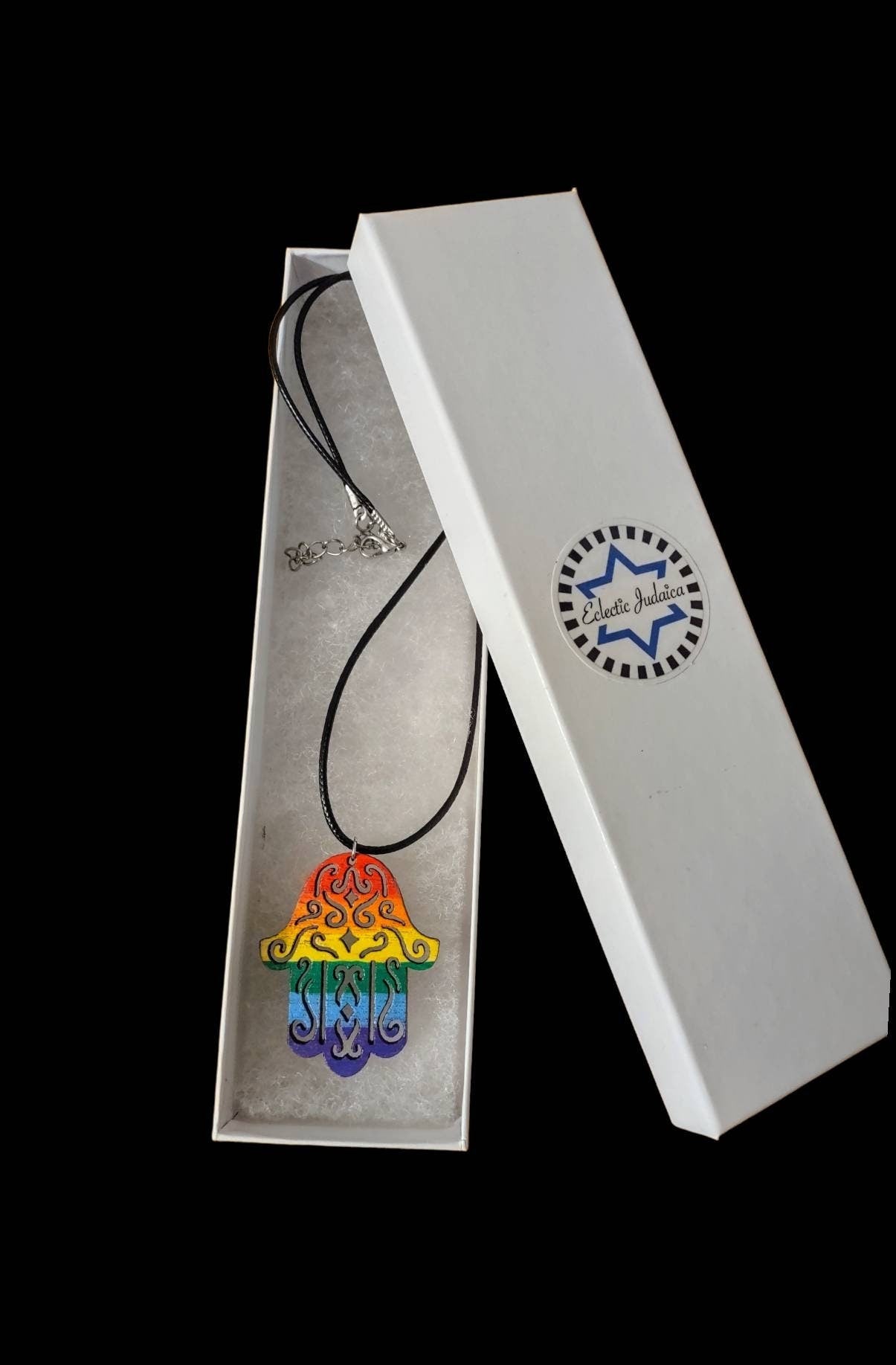 Rainbow painted wood necklace — hamsa and star pendants on rope | Judaica Square Lakewood (view 2)