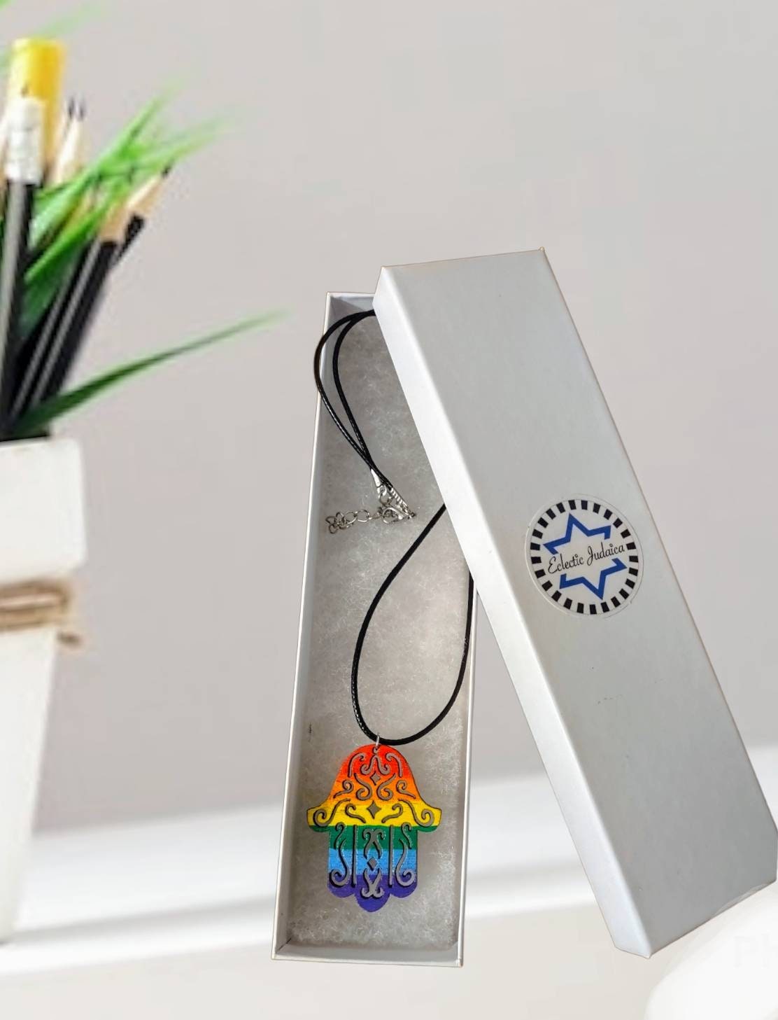 Rainbow painted wood necklace — hamsa and star pendants on rope | Judaica Square Lakewood (view 5)