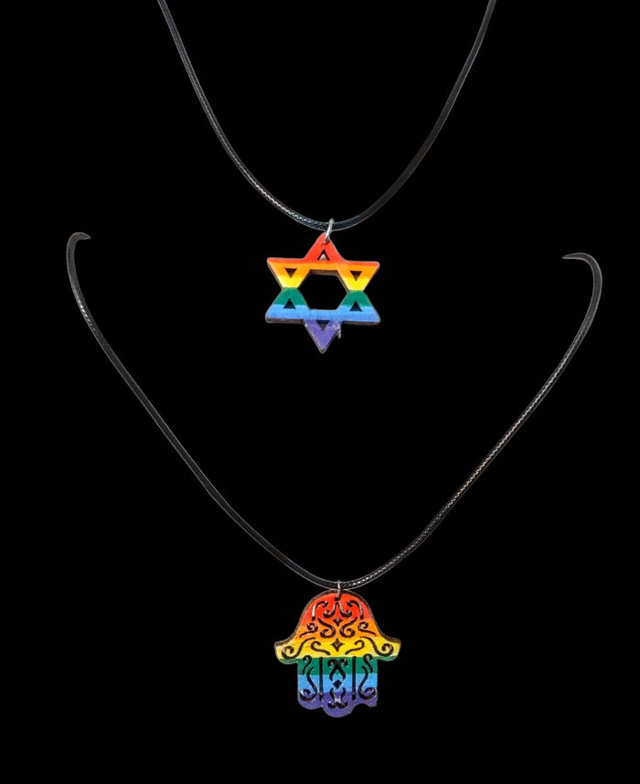 Rainbow painted wood necklace — hamsa and star pendants on rope | Judaica Square Lakewood