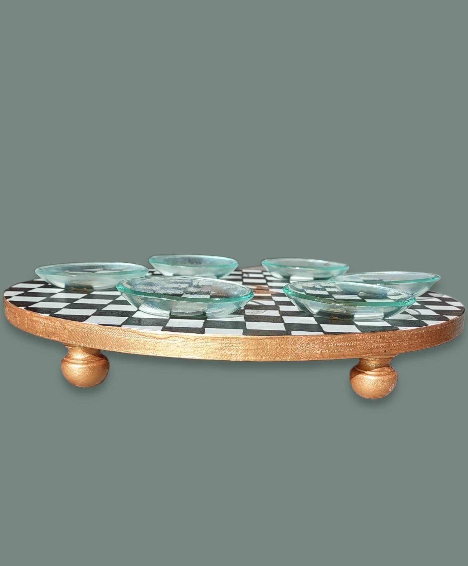 Checkerboard seder plate — black, white and gold hand-painted hardwood round | Judaica Square Lakewood (view 4)