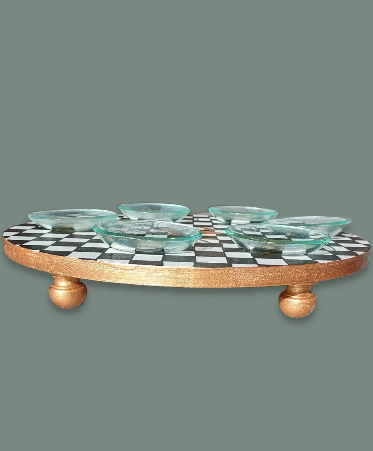 Checkerboard seder plate — black, white and gold hand-painted hardwood round | Judaica Square Lakewood (view 4)