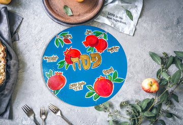 Pomegranate seder plate — brilliant blue hand-painted hardwood plate with bowls | Judaica Square Lakewood
