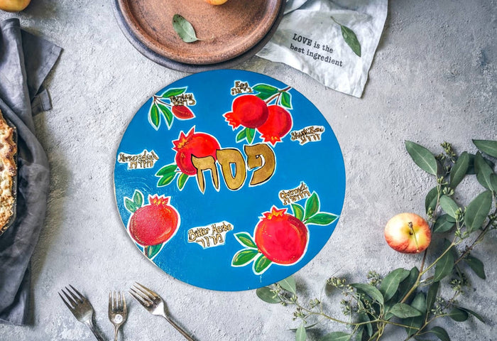 Pomegranate seder plate — brilliant blue hand-painted hardwood plate with bowls | Judaica Square Lakewood