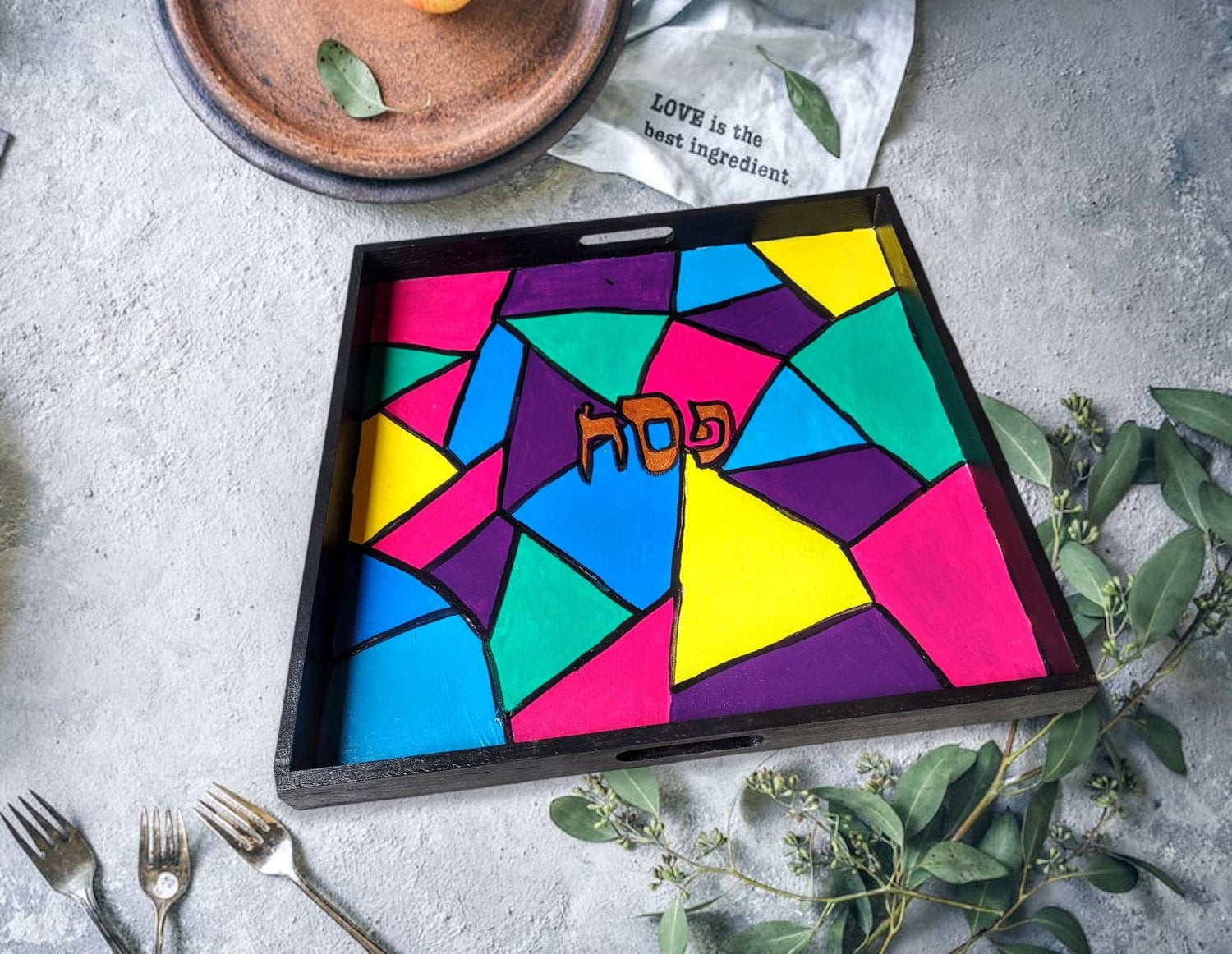 Art deco seder plate — faux stained glass hand-painted square hardwood plate | Judaica Square Lakewood (view 2)