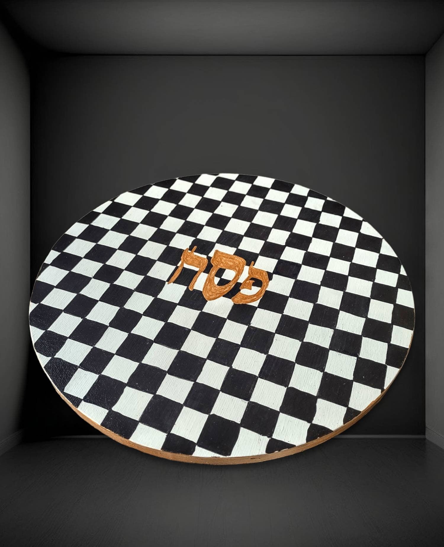 Checkerboard seder plate — black, white and gold hand-painted hardwood round | Judaica Square Lakewood (view 3)