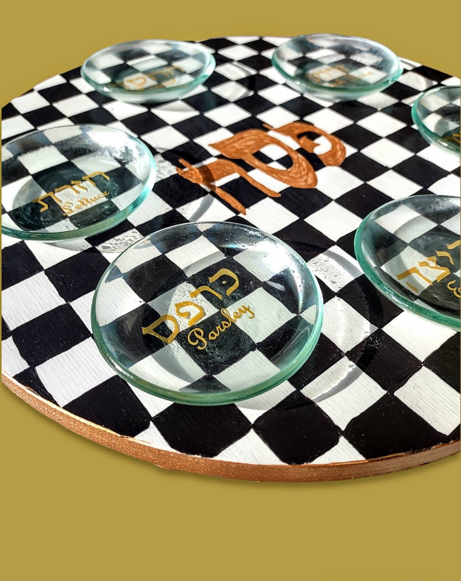 Checkerboard seder plate — black, white and gold hand-painted hardwood round | Judaica Square Lakewood (view 2)