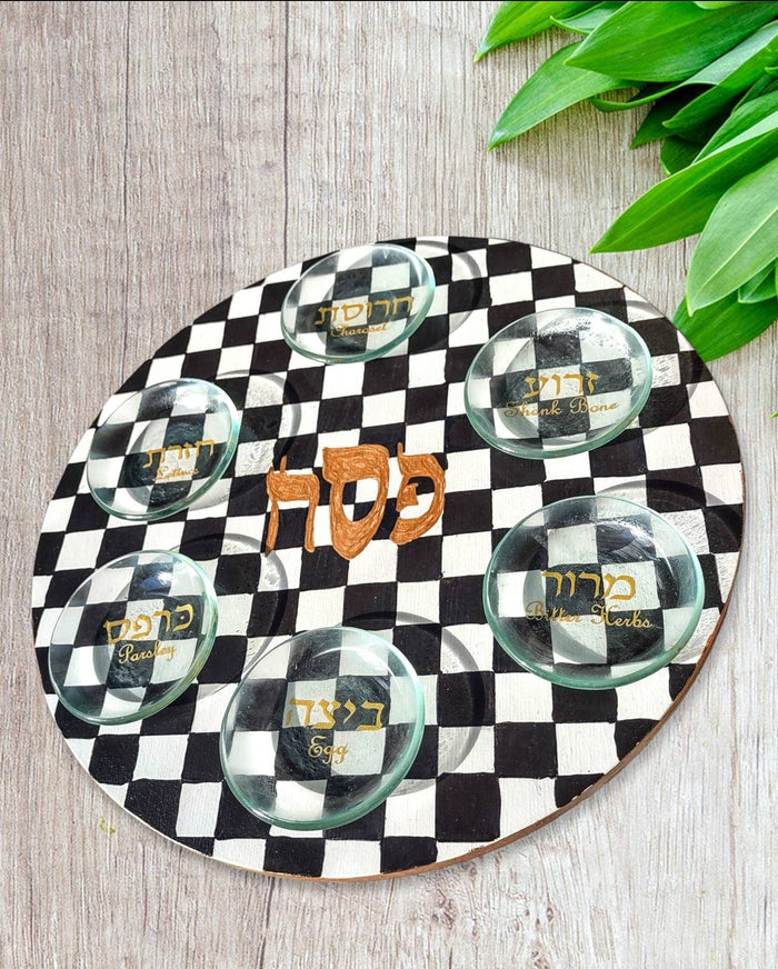 Checkerboard seder plate — black, white and gold hand-painted hardwood round | Judaica Square Lakewood