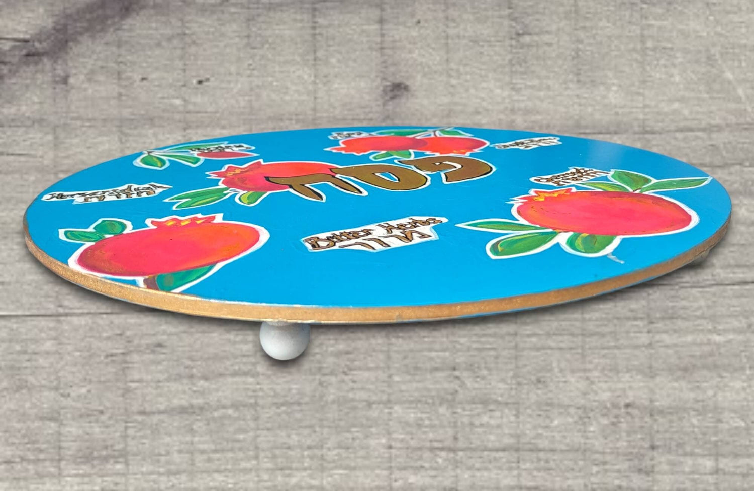 Pomegranate seder plate — brilliant blue hand-painted hardwood plate with bowls | Judaica Square Lakewood (view 4)