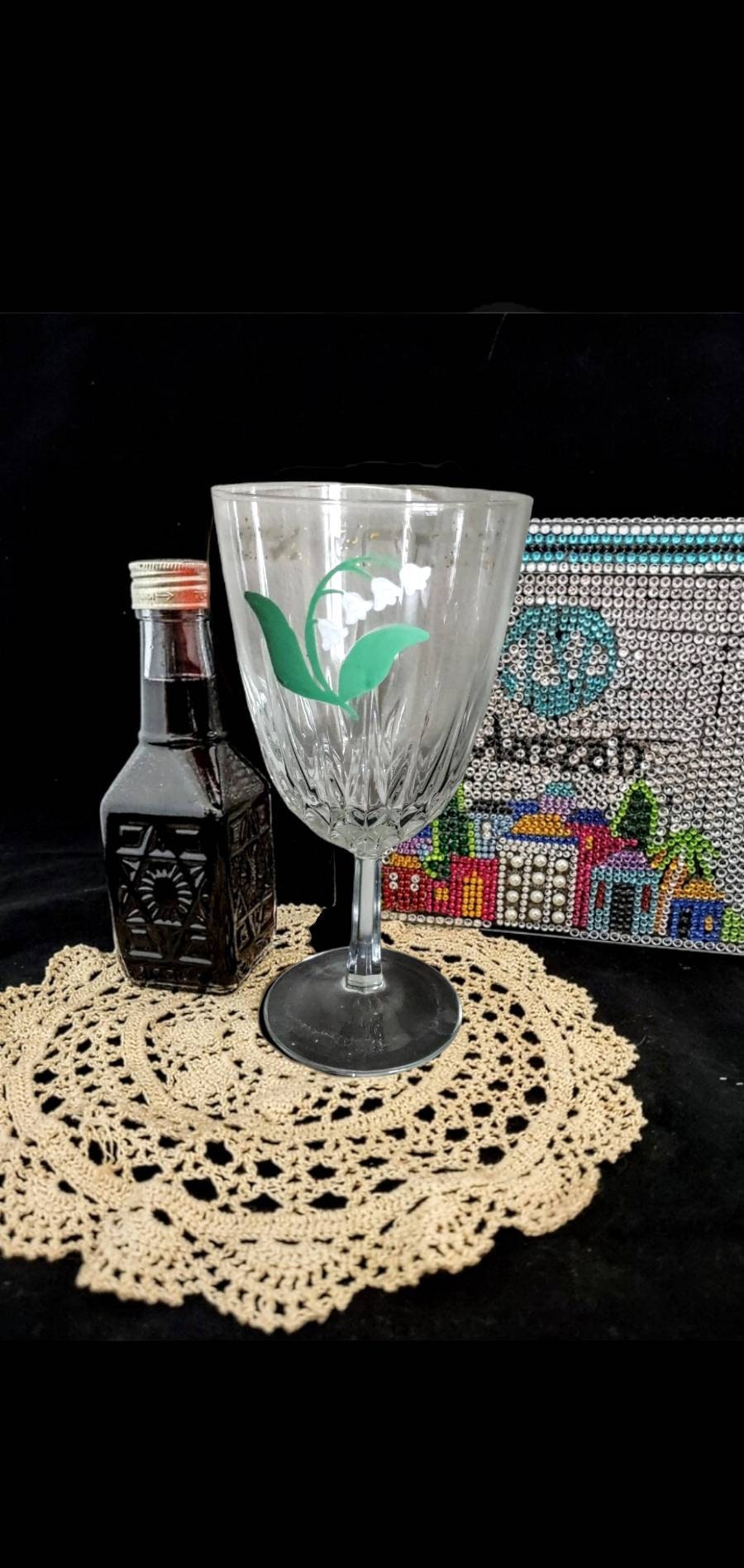 Blessing over wine kiddush cup — etched glass painted with lilies | Judaica Square Lakewood (view 2)