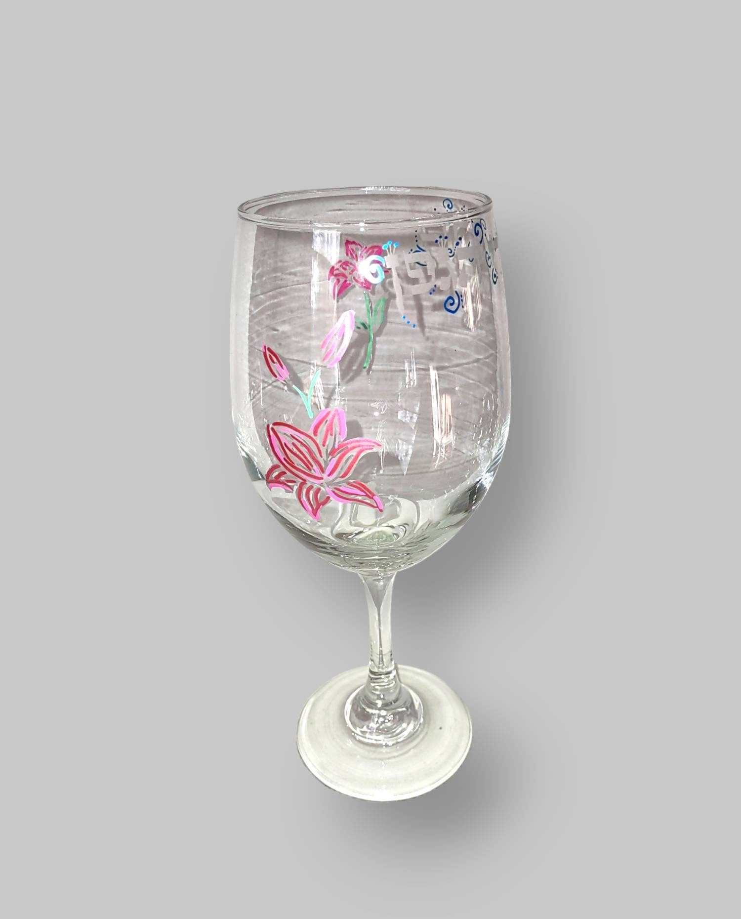 Blessing over wine kiddush cup — etched glass painted with lilies | Judaica Square Lakewood (view 5)