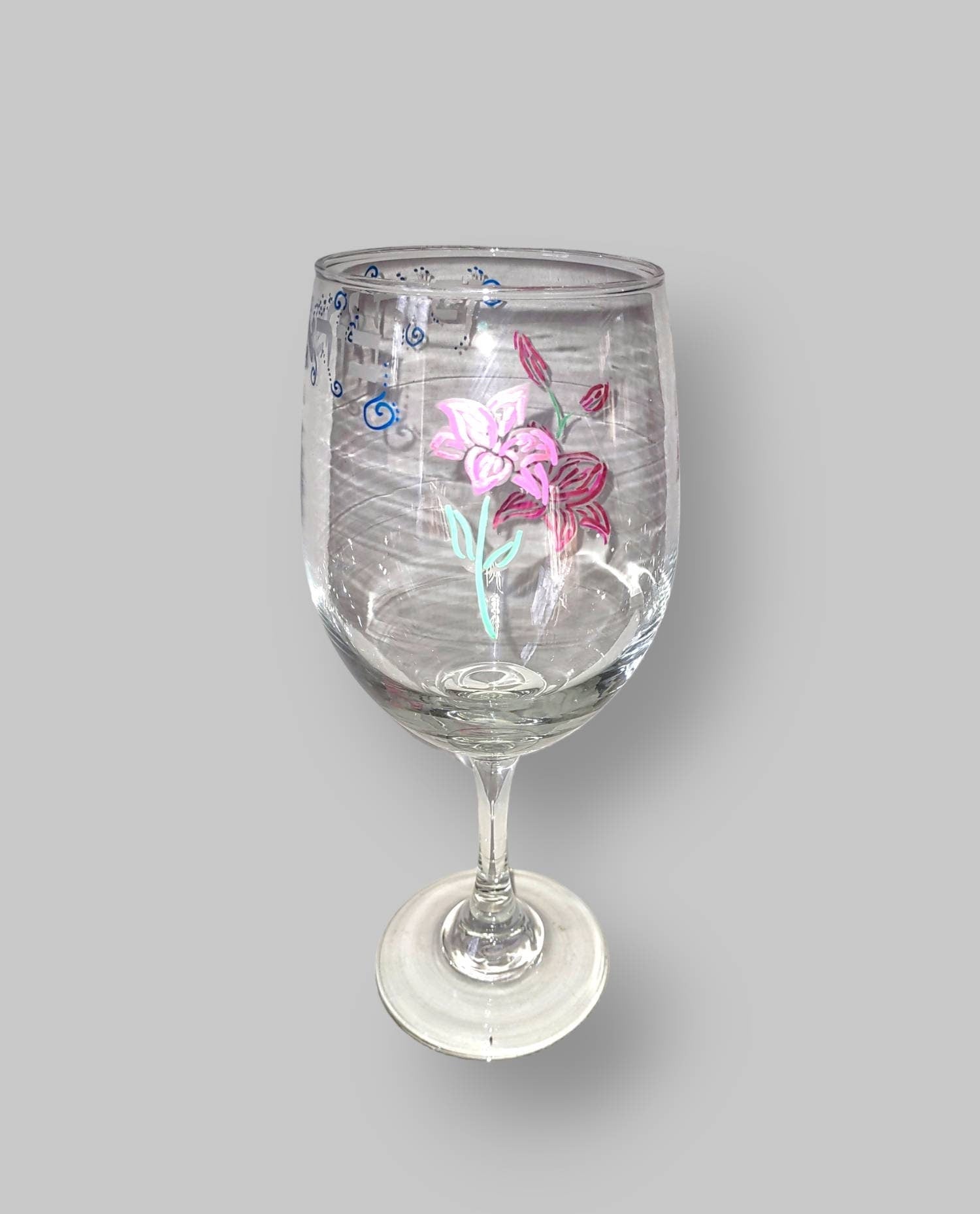 Blessing over wine kiddush cup — etched glass painted with lilies | Judaica Square Lakewood (view 4)