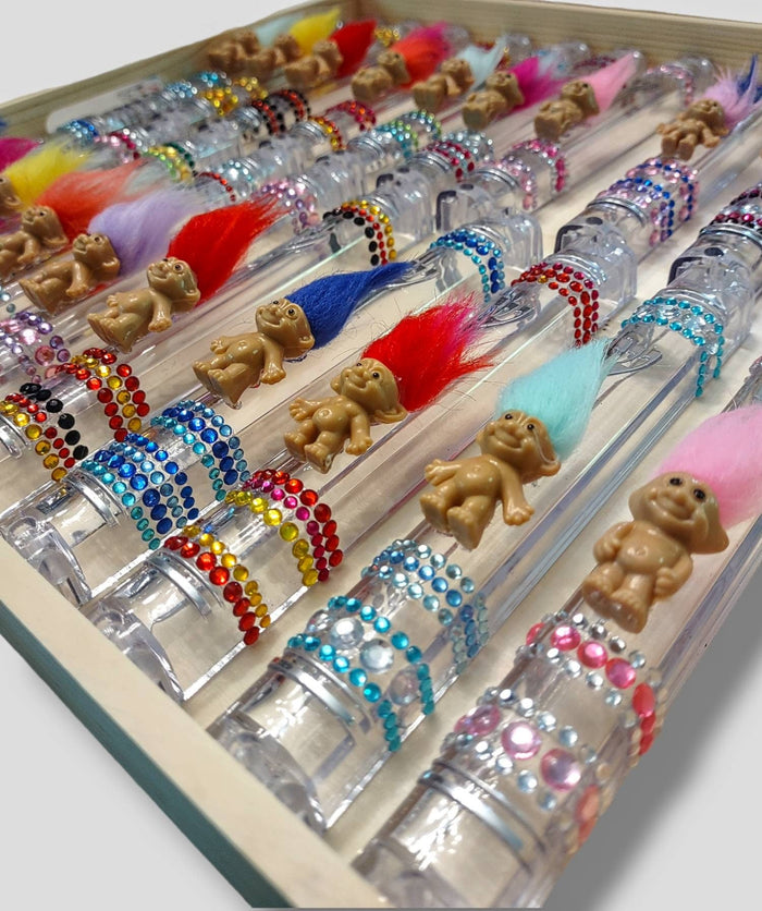 Vintage trolls mezuzah case — acrylic frame with troll dolls | Judaica Square Lakewood