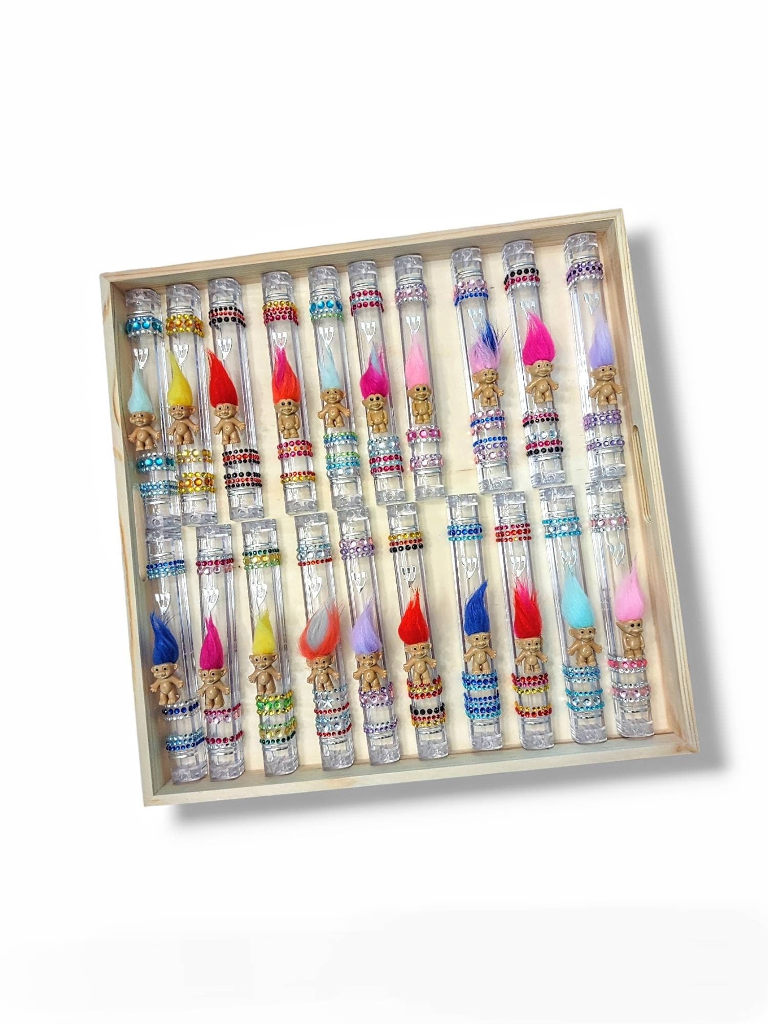 Vintage trolls mezuzah case — acrylic frame with troll dolls | Judaica Square Lakewood (view 2)