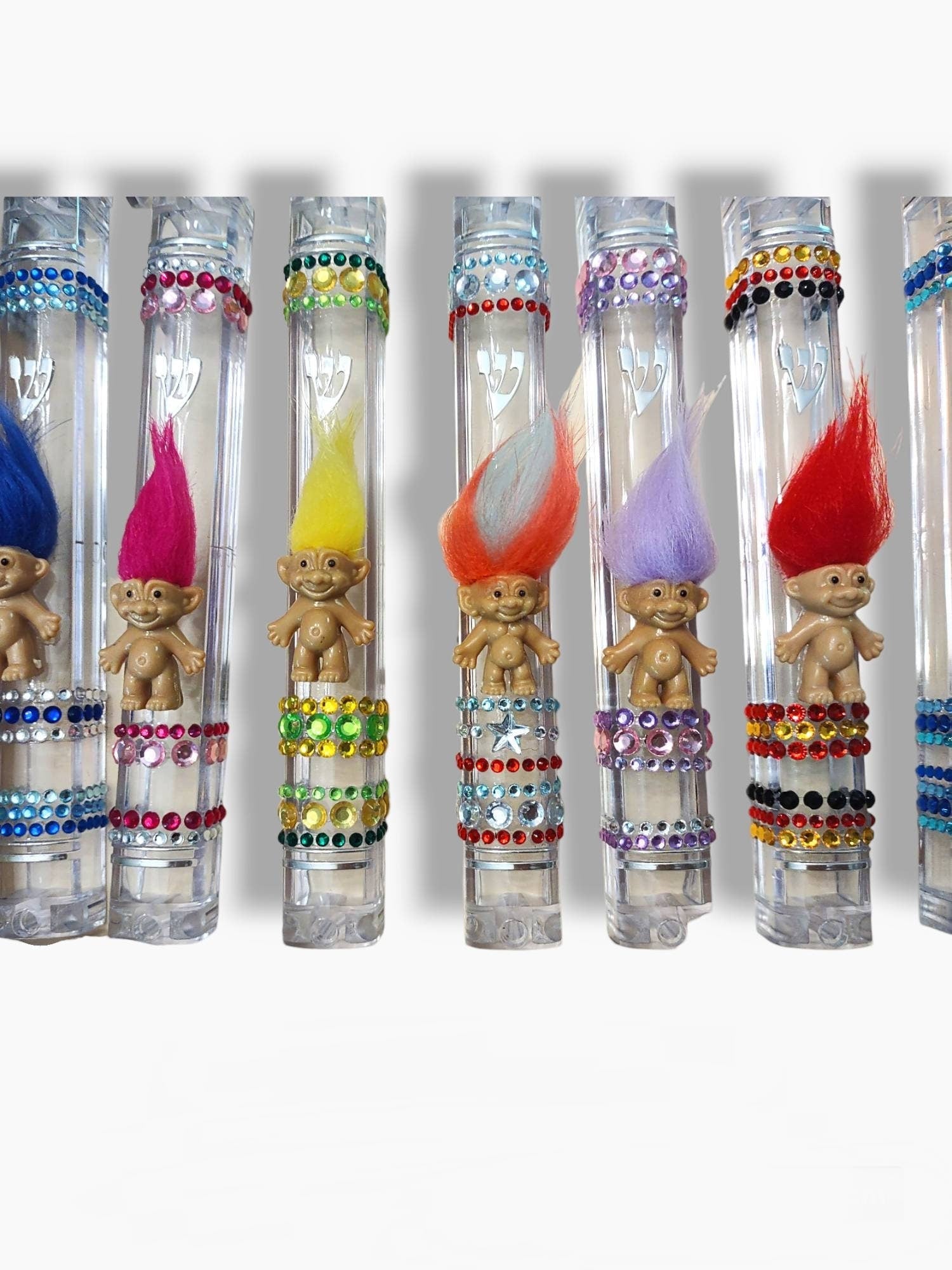 Vintage trolls mezuzah case — acrylic frame with troll dolls | Judaica Square Lakewood (view 4)