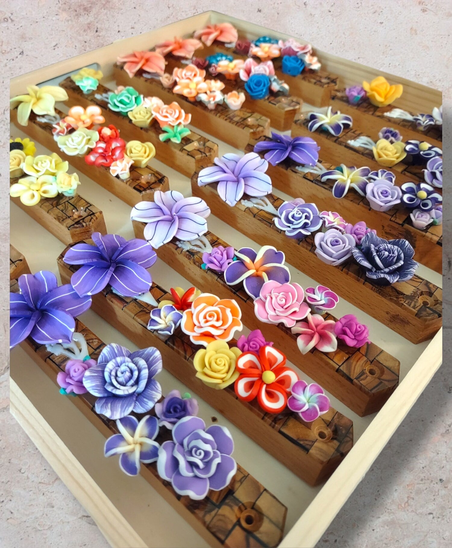 Olive wood and flowers mezuzah case — visible wood grain with painted flowers | Judaica Square Lakewood (view 4)