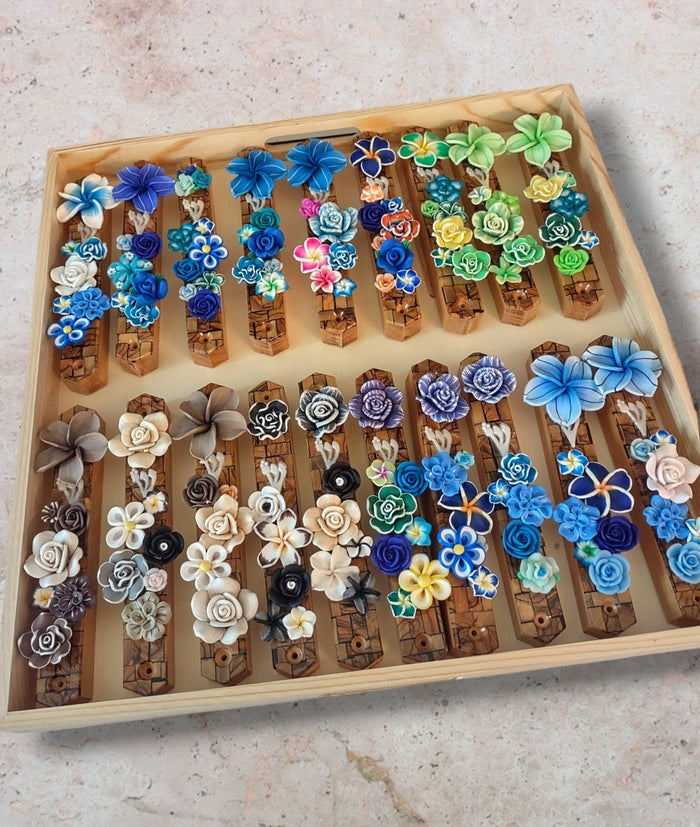 Olive wood mezuzah case with silicone flowers — olive wood base with soft blooms | Judaica Square Lakewood
