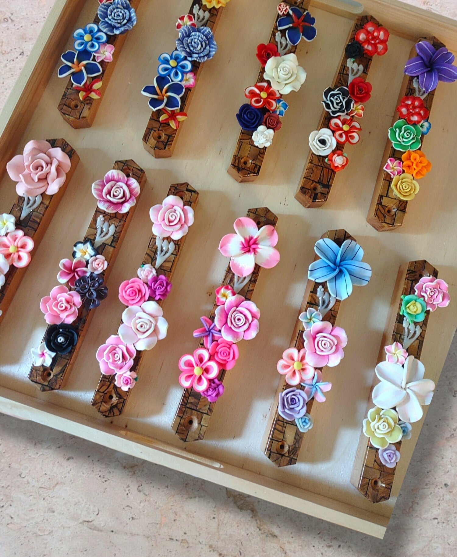 Olive wood and flowers mezuzah case — visible wood grain with painted flowers | Judaica Square Lakewood (view 2)