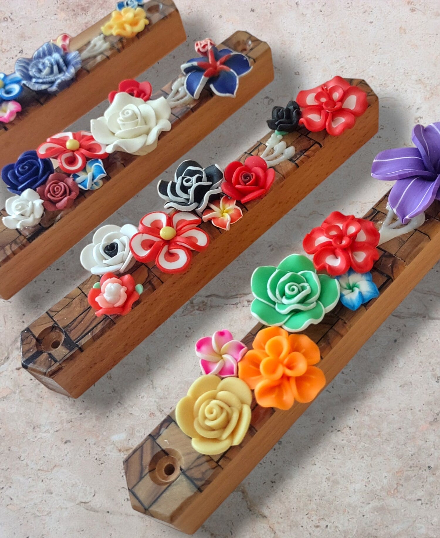 Olive wood and flowers mezuzah case — visible wood grain with painted flowers | Judaica Square Lakewood (view 3)