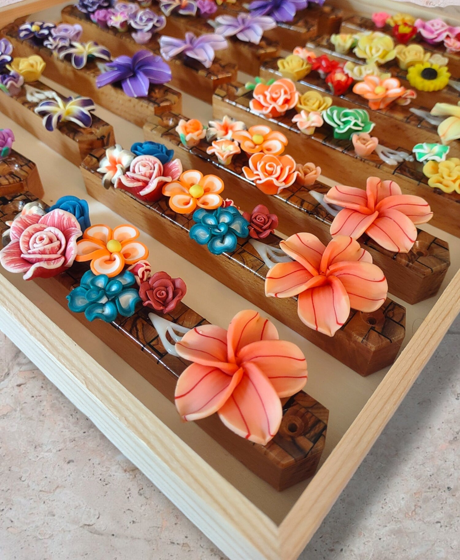 Olive wood and flowers mezuzah case — visible wood grain with painted flowers | Judaica Square Lakewood (view 8)