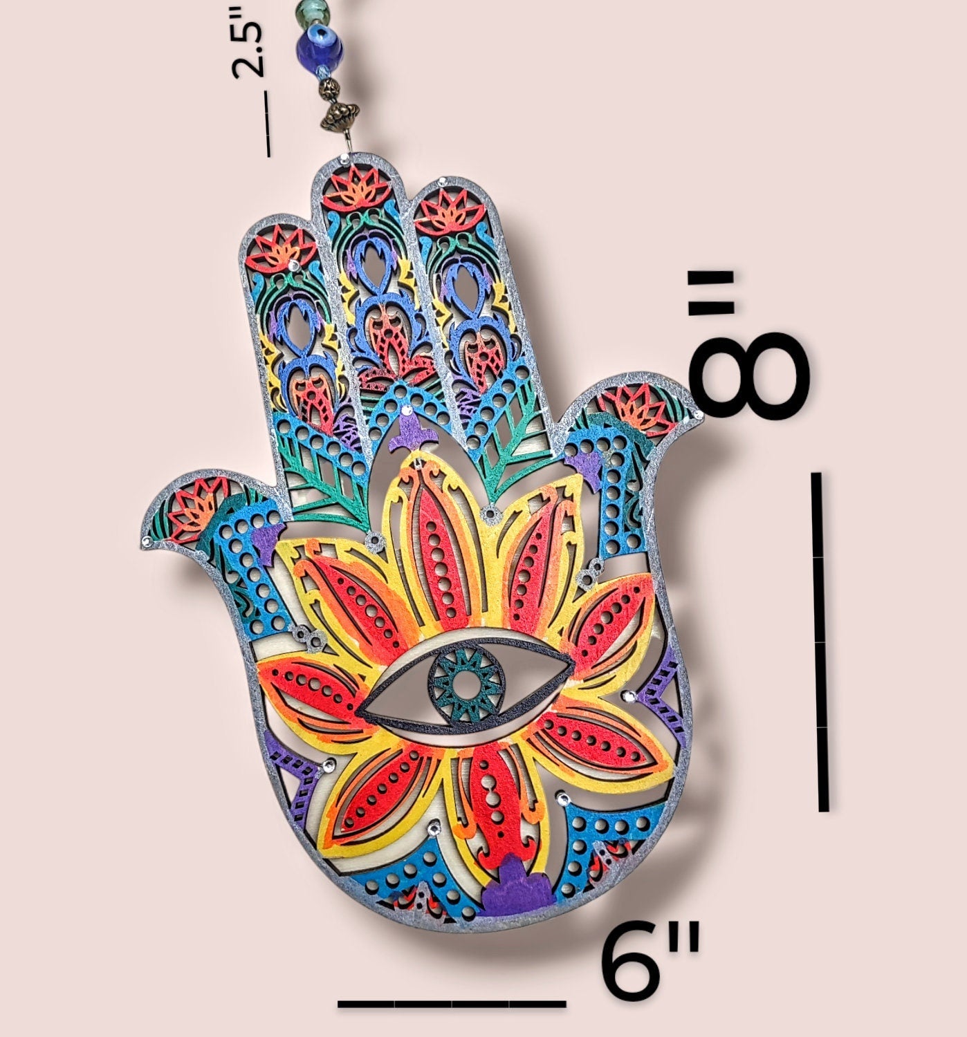 Evil eye hamsa — two-sided wood hanging on ribbon with vintage beads | Judaica Square Lakewood (view 3)