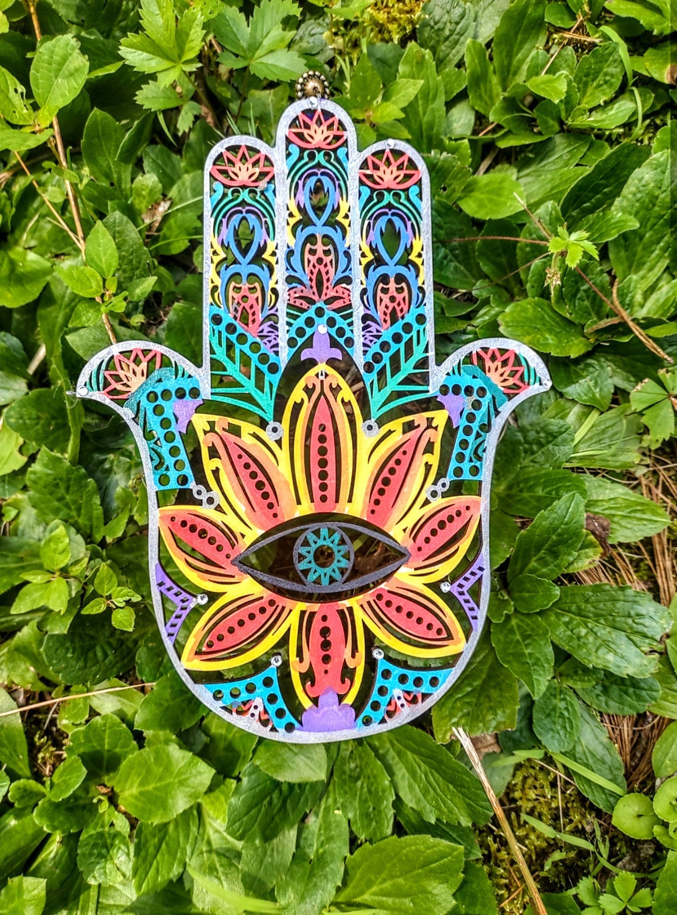 Evil eye hamsa — two-sided wood hanging on ribbon with vintage beads | Judaica Square Lakewood (view 2)