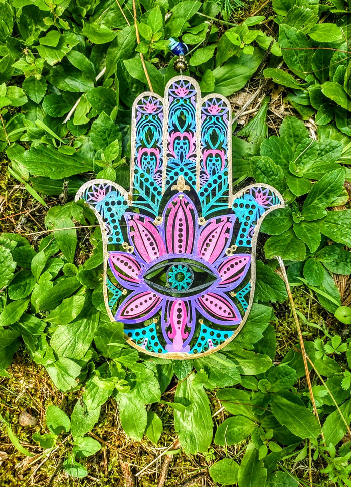 Evil eye hamsa — two-sided wood hanging on ribbon with vintage beads | Judaica Square Lakewood