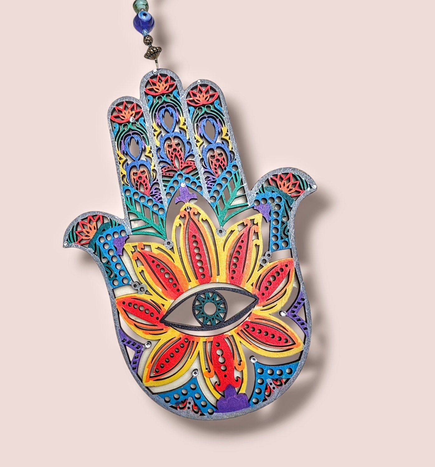 Evil eye hamsa — two-sided wood hanging on ribbon with vintage beads | Judaica Square Lakewood (view 4)