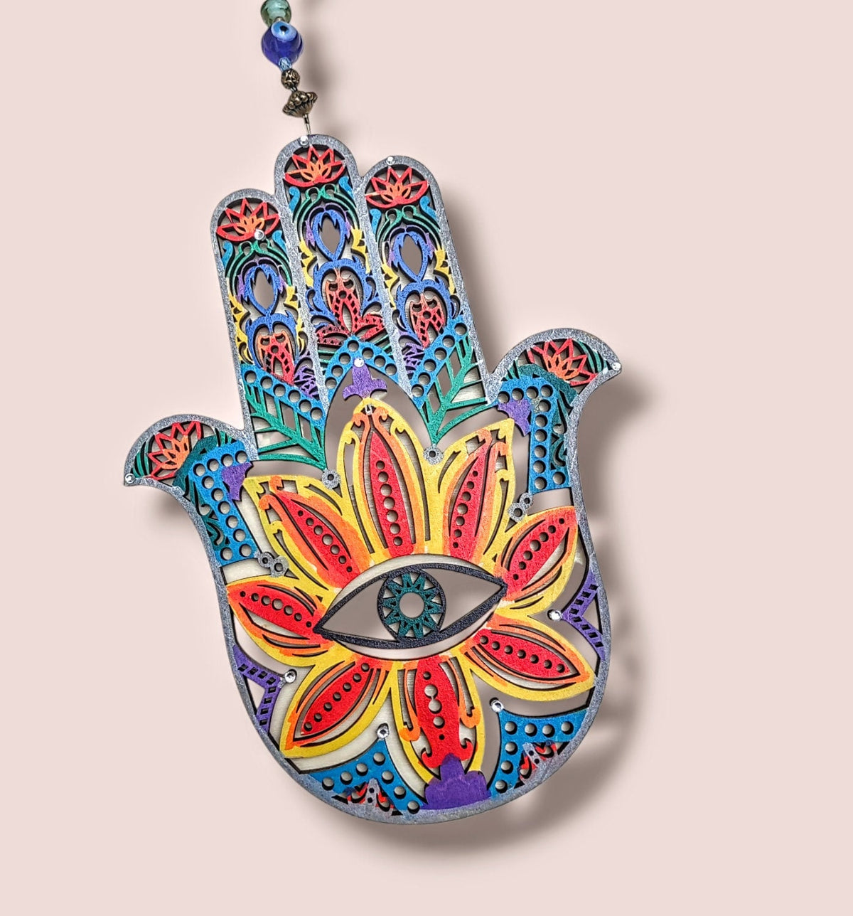 Evil eye hamsa — two-sided wood hanging on ribbon with vintage beads | Judaica Square Lakewood (view 4)