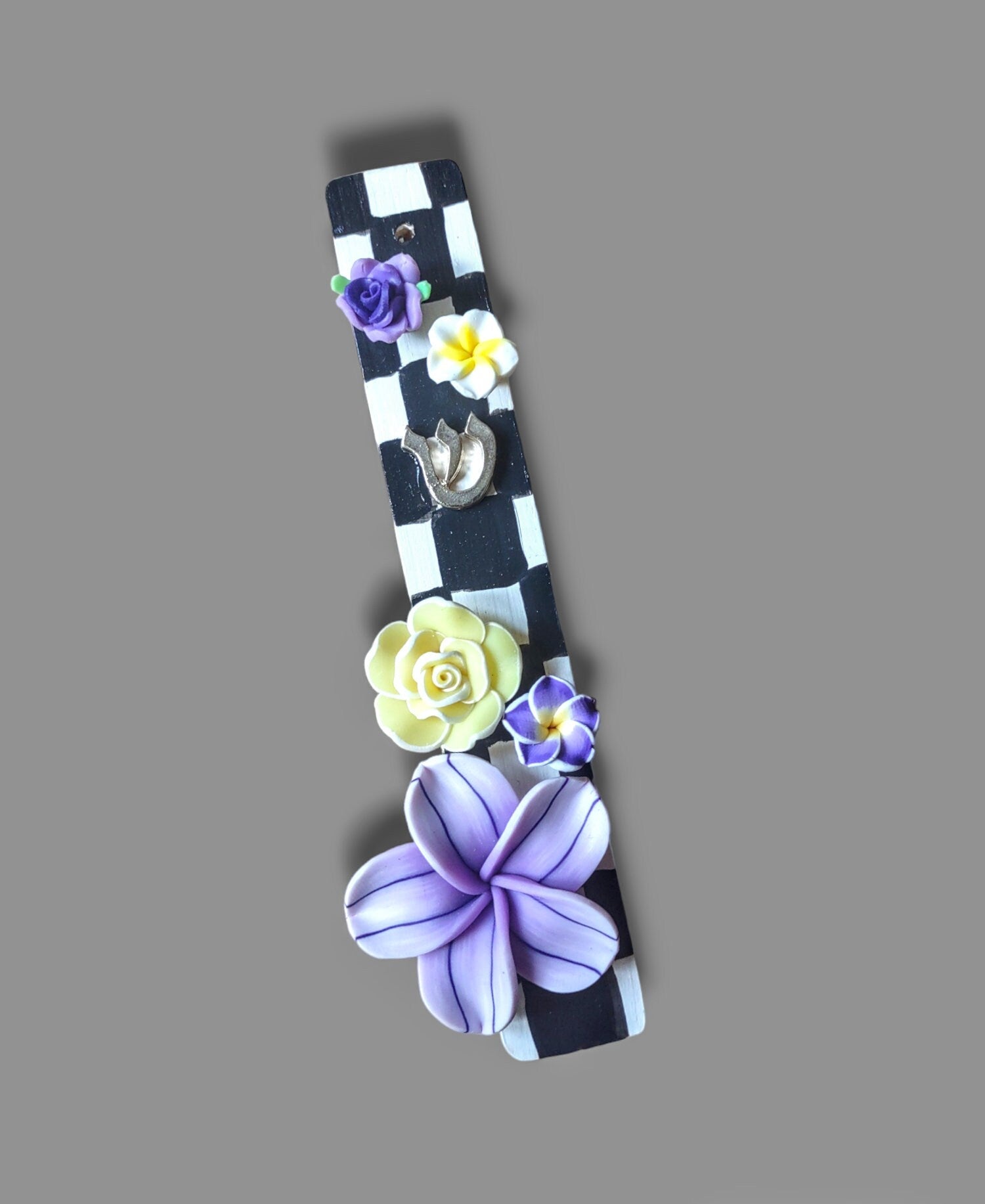 Checkerboard mezuzah case with silicone flowers — painted checks and raised blooms | Judaica Square Lakewood (view 5)