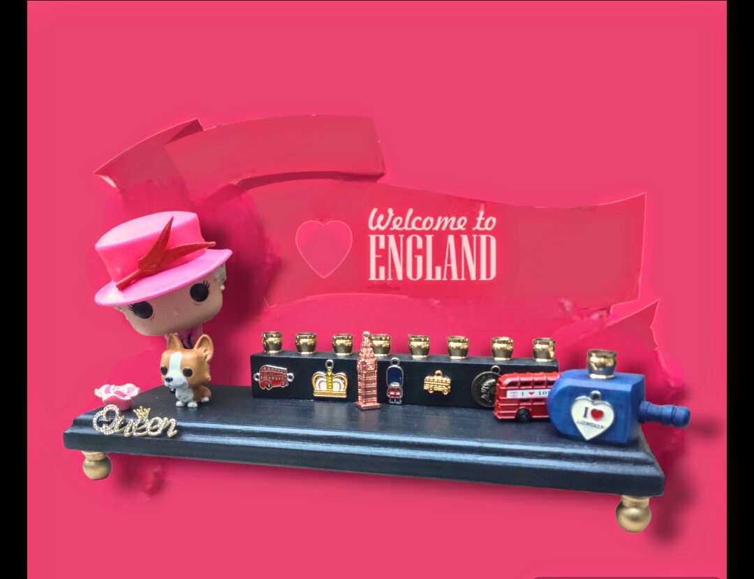 Queen Elizabeth Menorah — royal figure with corgi and flower charms | Judaica Square Lakewood (view 2)