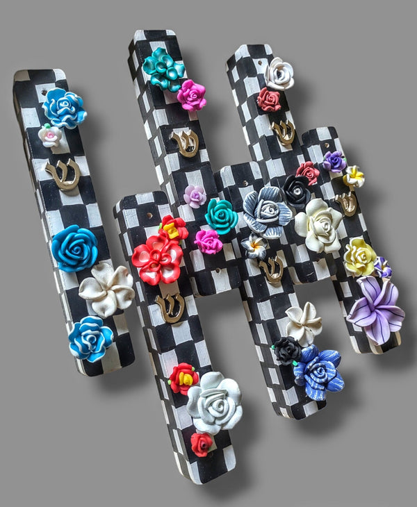 Checks and flowers mezuzah case — painted checkerboard wood with silicone blooms | Judaica Square Lakewood
