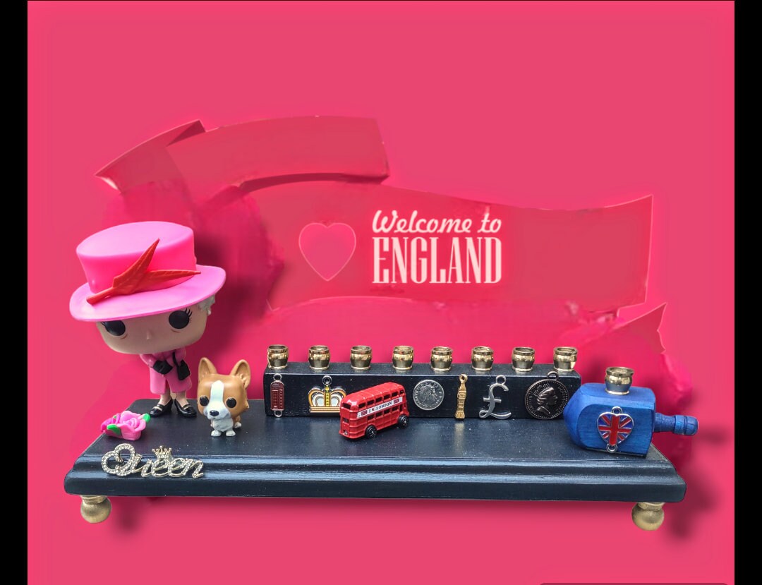 Queen Elizabeth Menorah — royal figure with corgi and flower charms | Judaica Square Lakewood (view 4)