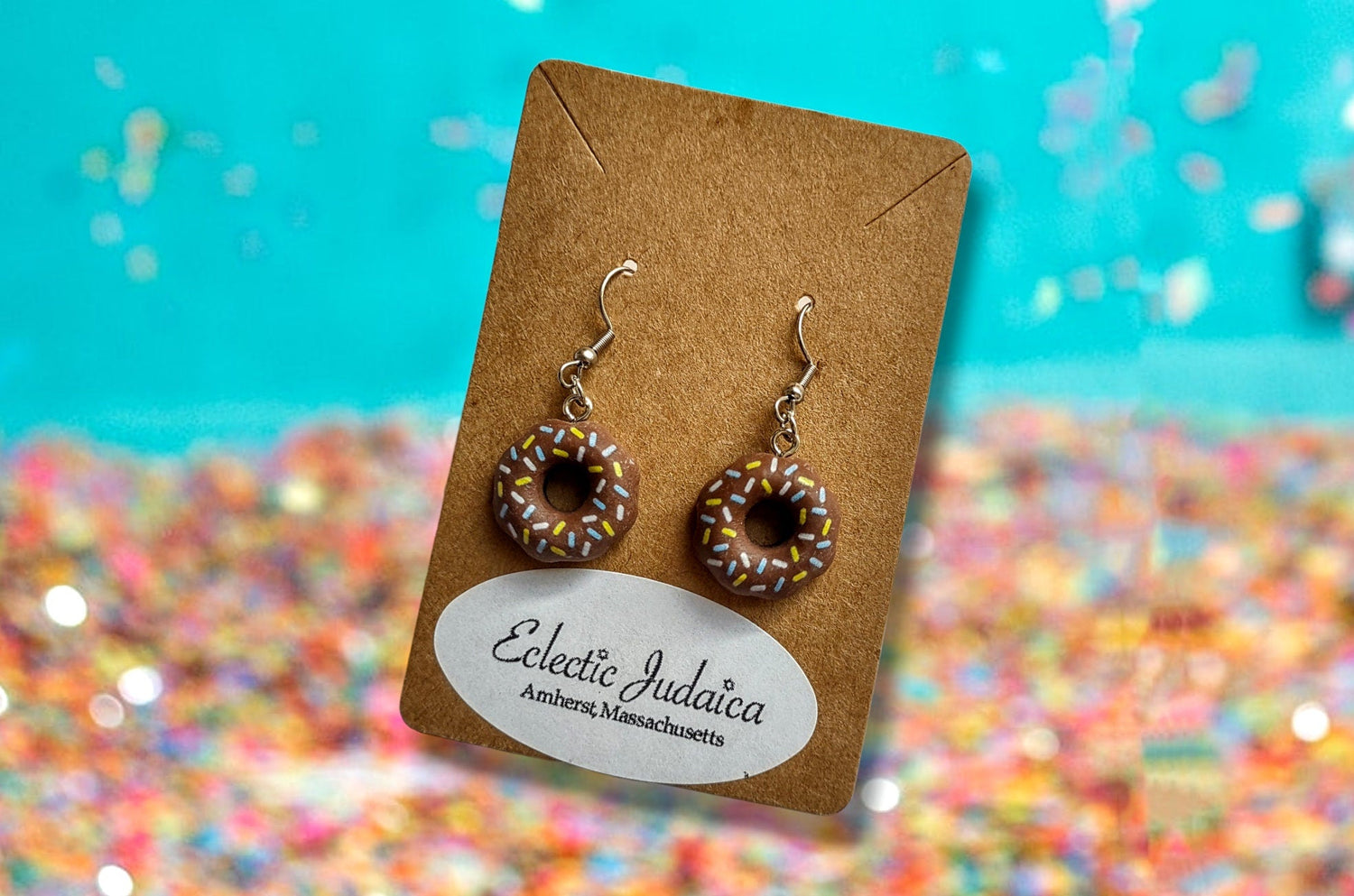 Sprinkle Donut Earrings — frosted donuts with rainbow sprinkles | Judaica Square Lakewood (view 3)