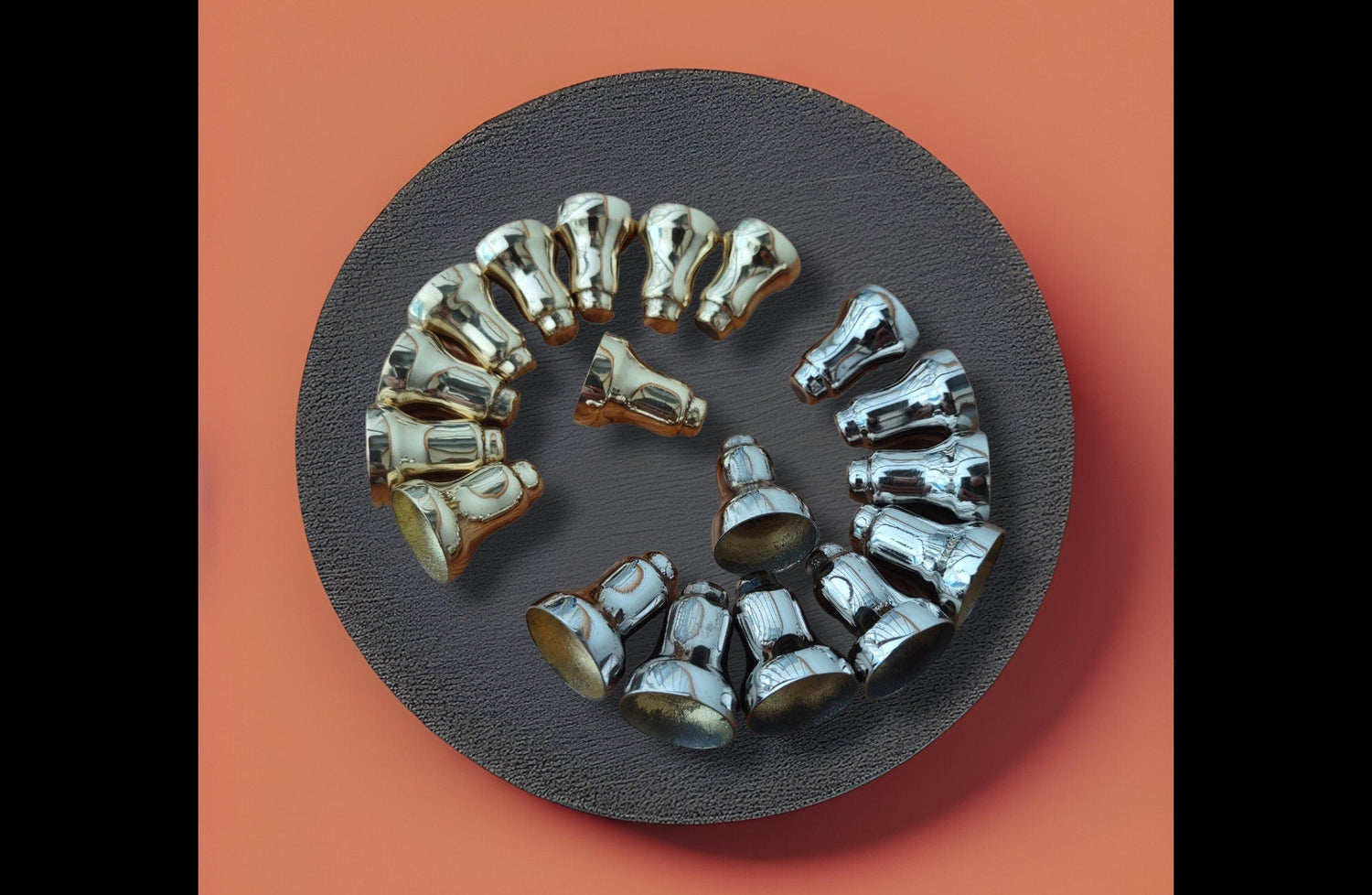 Menorah drip cups — nine small nickel and brass wax guard cups | Judaica Square Lakewood (view 3)