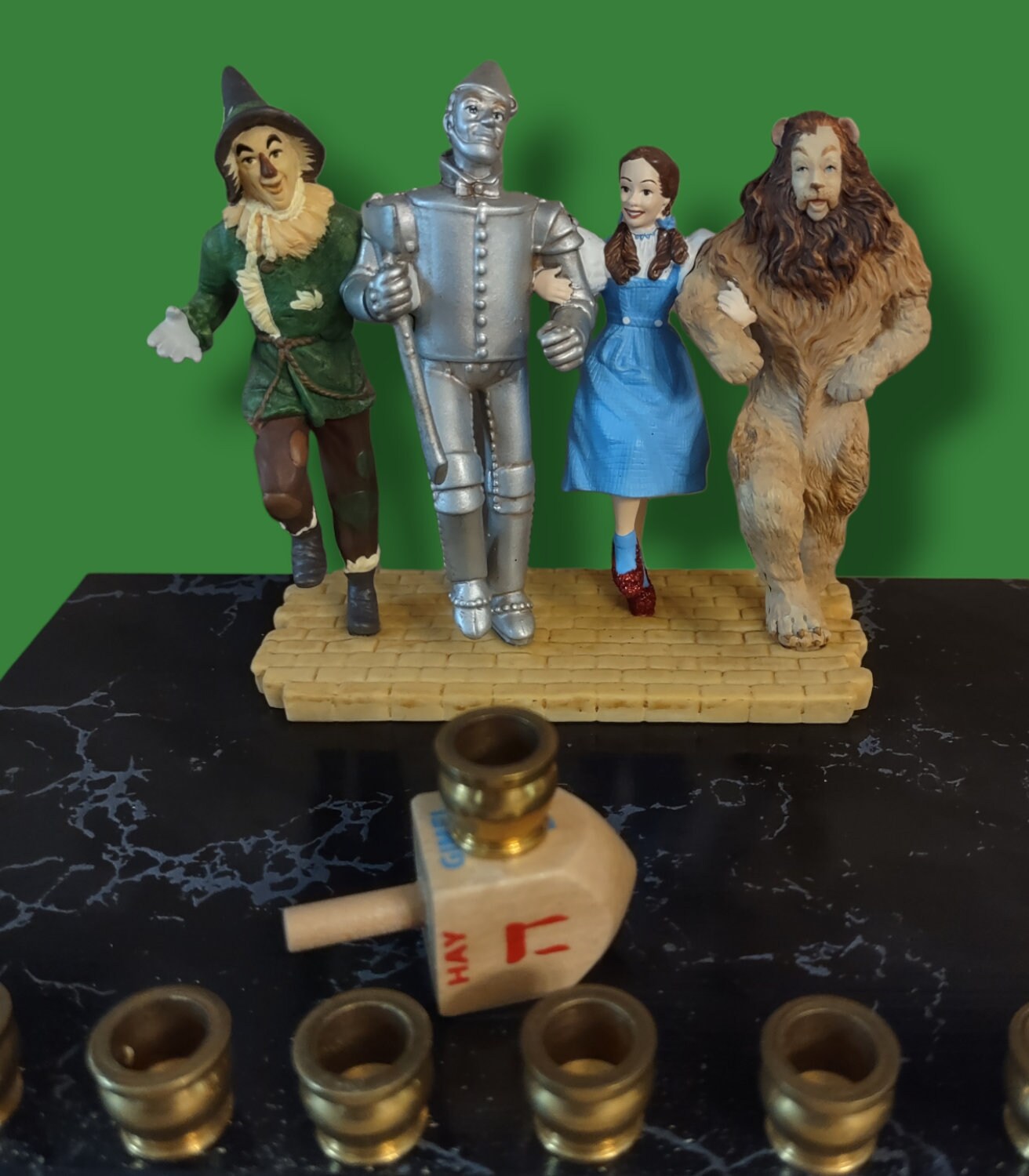 Wizard of Oz resin menorah — repurposed resin ornament on painted wood plaque with brass cups | Judaica Square Lakew (view 3)