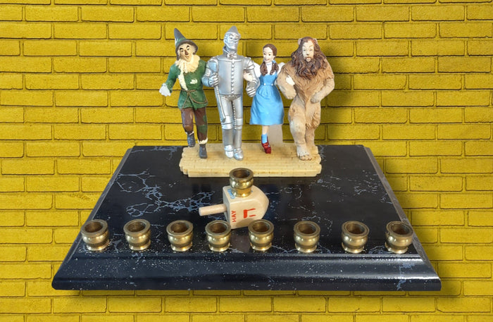 Wizard of Oz resin menorah — repurposed resin ornament on painted wood plaque with brass cups | Judaica Square Lakewood