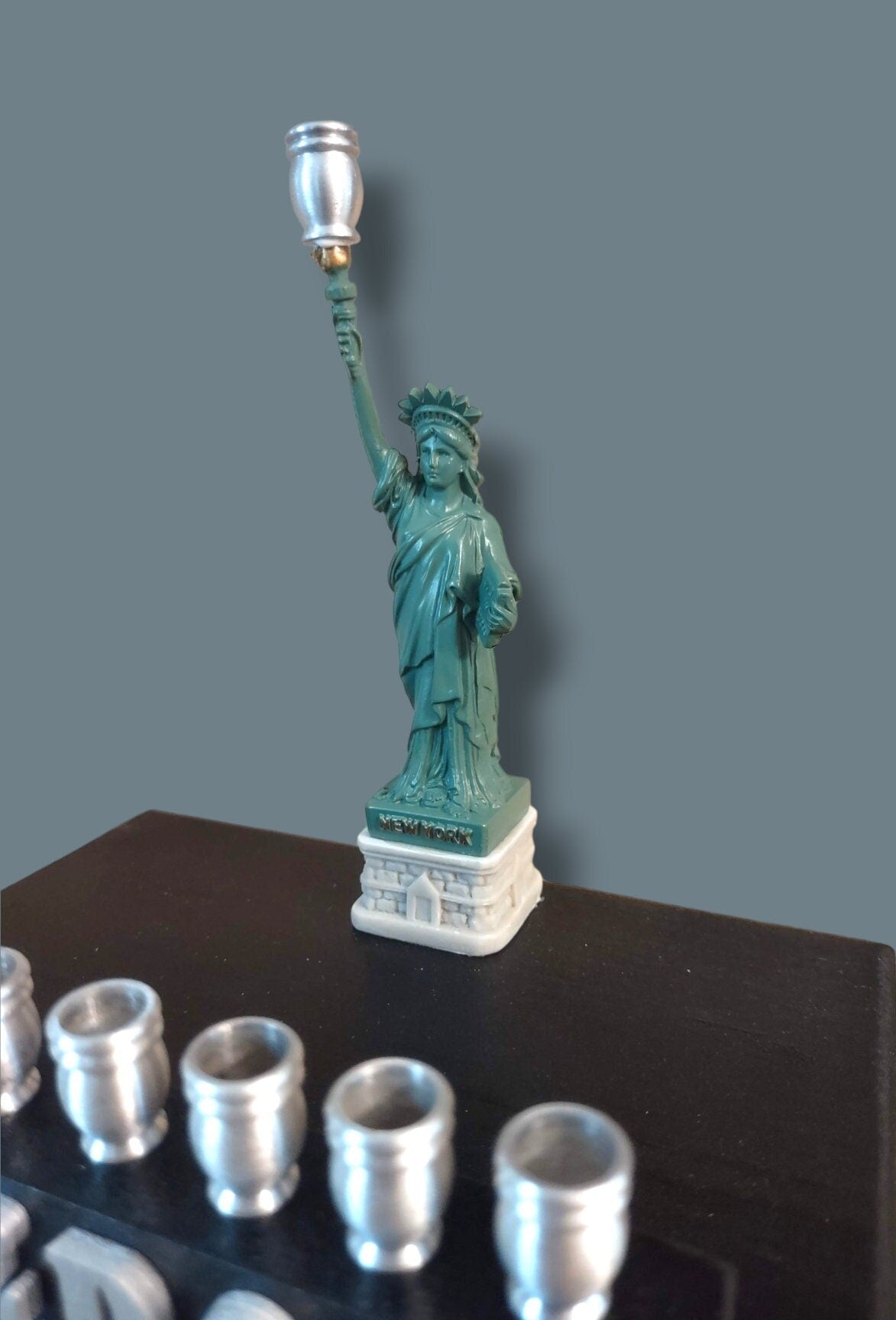 Statue of Liberty Menorah — repurposed figure on footed wood plaque with letters | Judaica Square Lakewood (view 4)