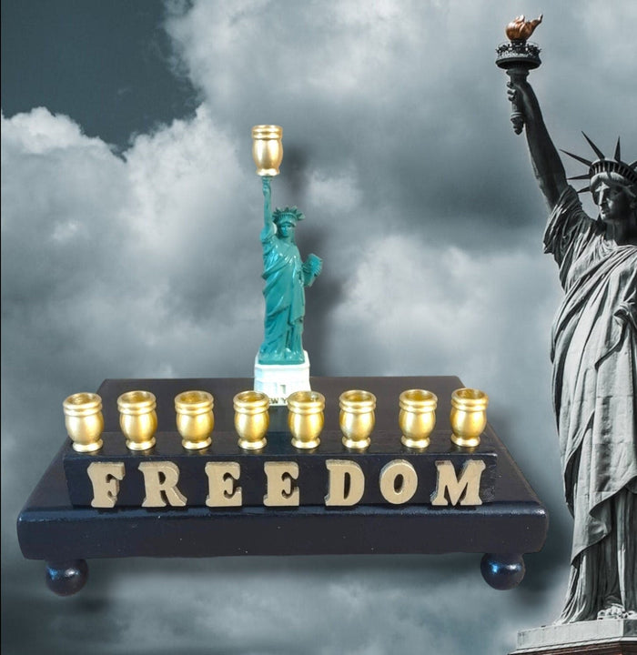 Statue of Liberty Menorah — repurposed figure on footed wood plaque with letters | Judaica Square Lakewood
