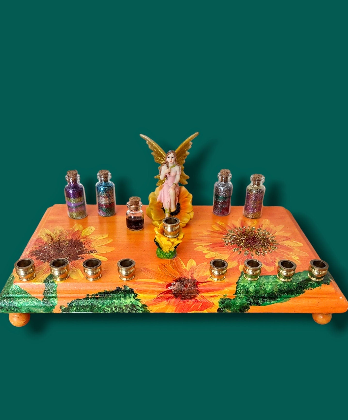 Fairy Flower Menorah — resin fairy and glass dust jar on a painted floral base | Judaica Square Lakewood (view 4)