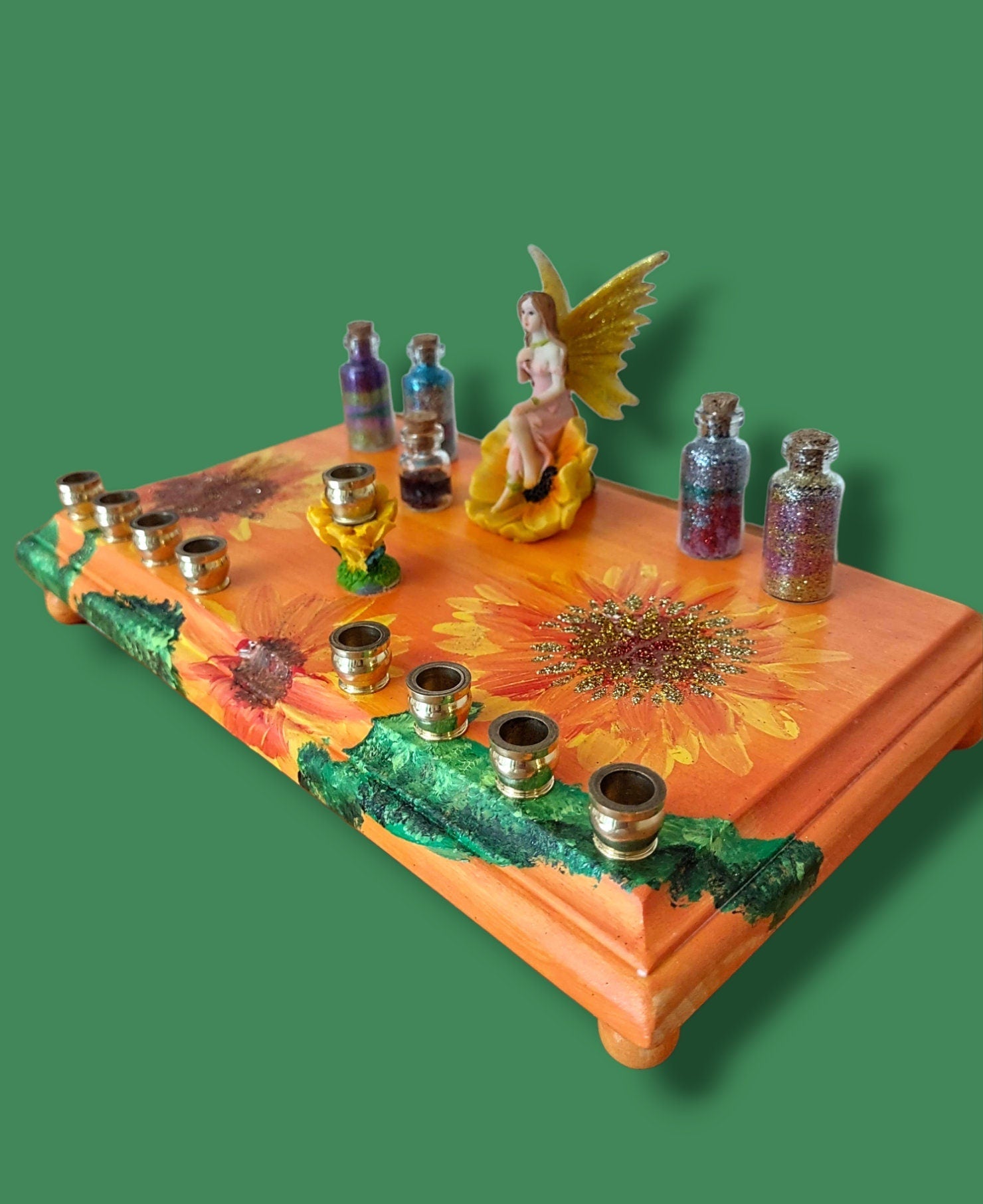Fairy Flower Menorah — resin fairy and glass dust jar on a painted floral base | Judaica Square Lakewood (view 5)